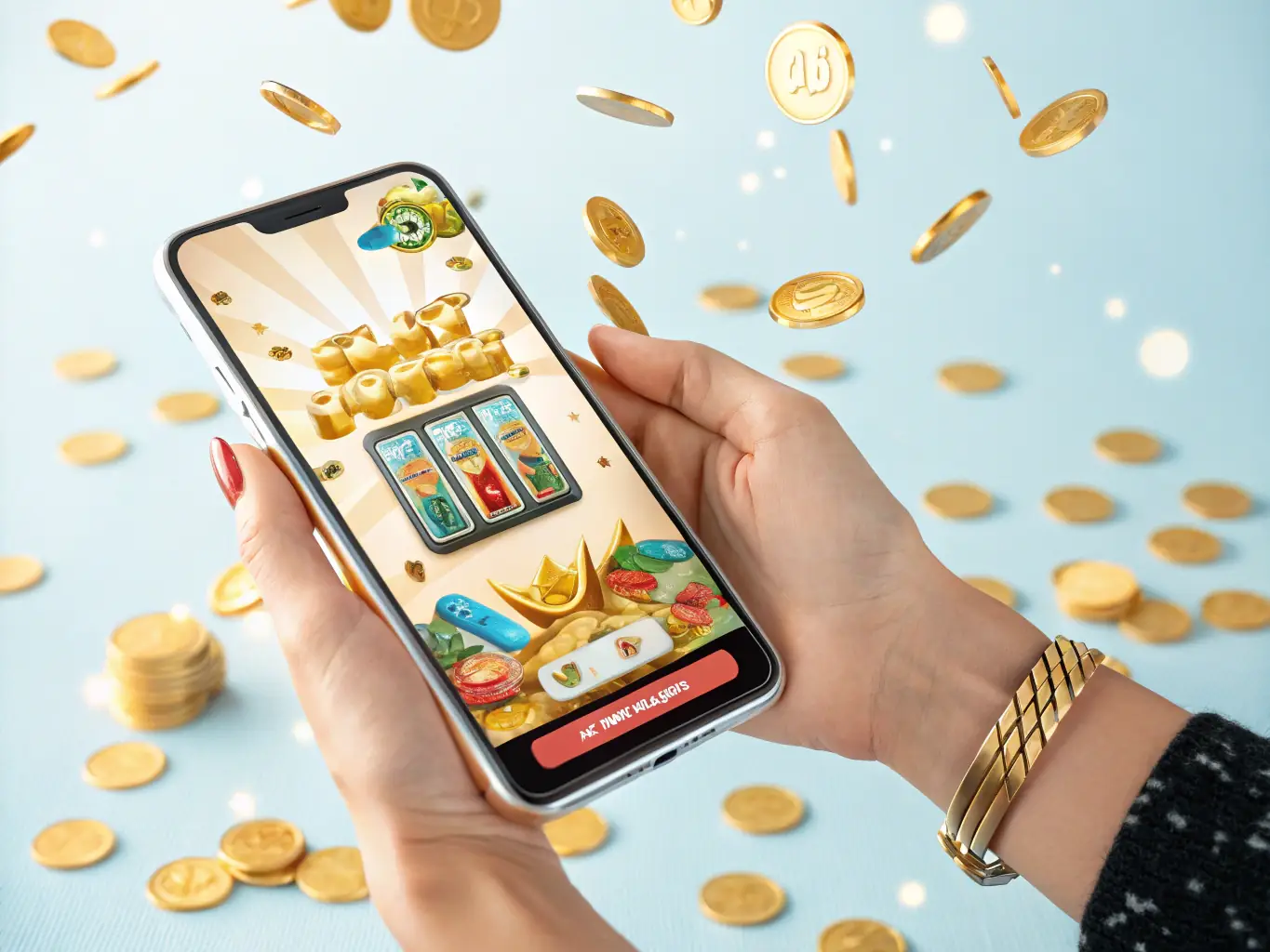 A visually appealing image of the Slot Tower app displaying a daily bonus notification with a shower of coins and celebratory graphics.