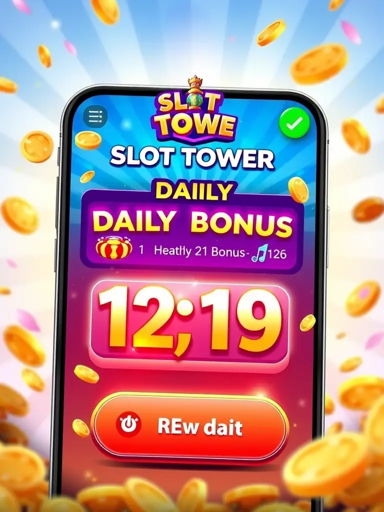 A vibrant image of the Slot Tower app interface, highlighting the daily bonus feature with a prominent display of rewards and a visually appealing countdown timer, encouraging daily engagement.
