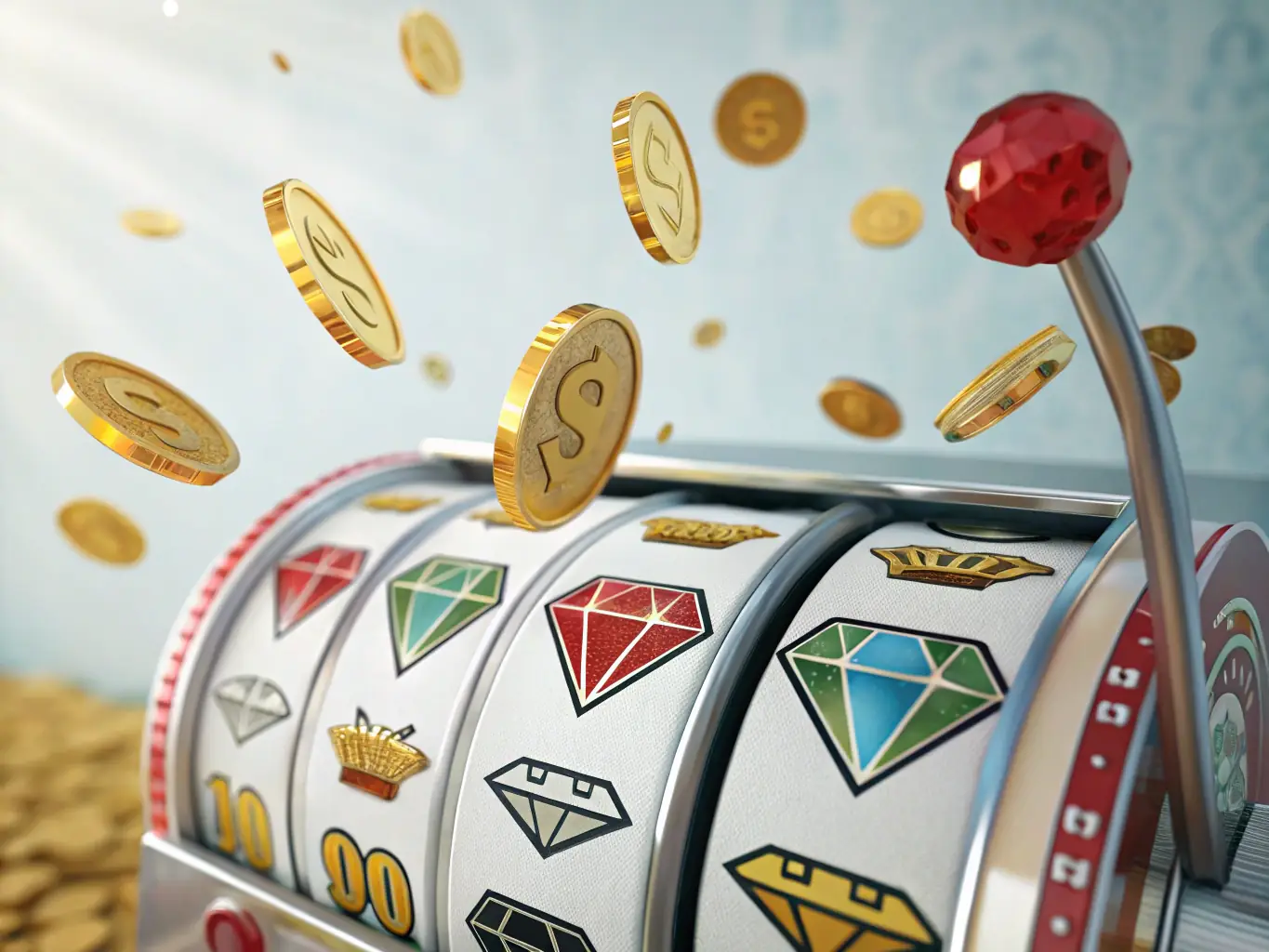 A close-up image of the 'Lucky Leprechaun' slot game, highlighting the cheerful leprechaun character, pots of gold, and rainbow symbols. The background is a bright green field with a clear blue sky.