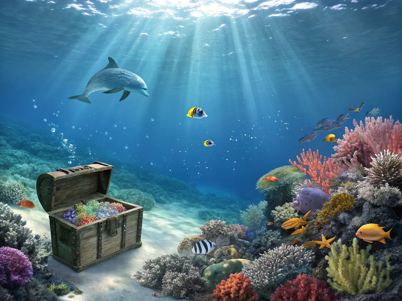 An image of the 'Ocean's Treasure' slot game, featuring underwater symbols like dolphins, seahorses, and treasure chests. The background shows a vibrant coral reef with sunlight filtering through the water.